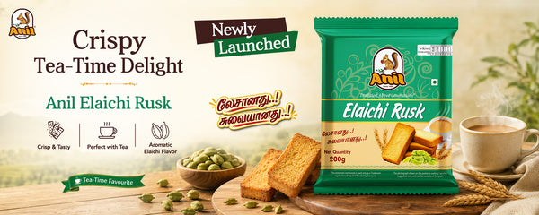 Anil Elaichi Rusk snack packaging shown on a styled tea-time background with rusk